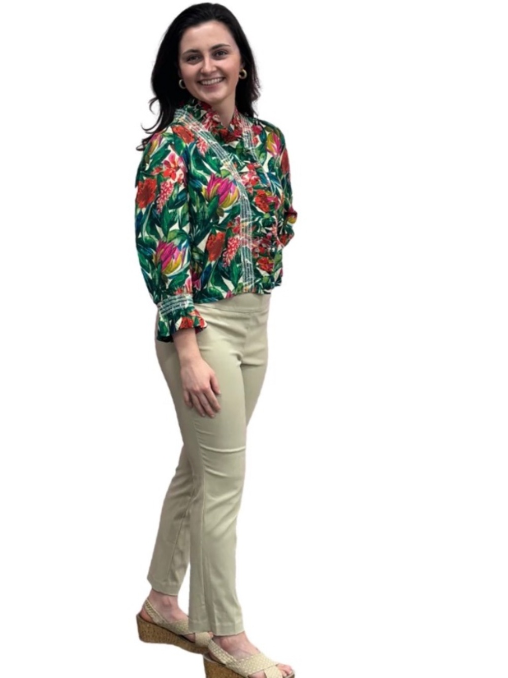 LIZA BYRD Amelia Ruffle Front Top in Tropical Floral, NWT
